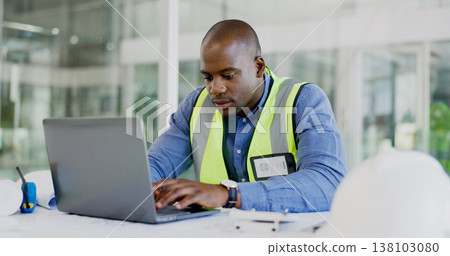Man, engineering and laptop for online planning, blueprint report and design update in office project management. African builder, contractor or architecture worker typing on computer for floor plan Man, engineering and laptop for online planning, blueprint report and design update in office project management. African builder, contractor or architecture worker typing on computer for floor plan 138103080