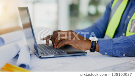 Hands, laptop and person in construction or architect working on floor plan, contractor and maintenance job. Typing, digital blueprint for architecture project and productivity with design software 138103087