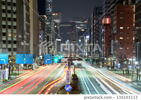 A striking urban night view of Nagoya, featuring skyscrapers and the light trails of cars on a main street (Part 3) A striking urban night view of Nagoya, featuring skyscrapers and the light trails of cars on a main street (Part 3) 138103113