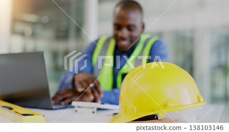 Man, calculator and helmet for architecture, blueprint planning and happy with ratio, numbers or development in office. Engineering designer, industry worker or person with floor plan tools or safety 138103146