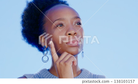 Business woman, thinking and ideas for marketing solution, decision and professional or creative vision in studio. African worker for inspiration, goals and job planning or choice on blue background 138103157