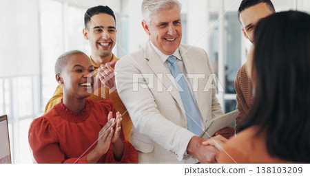 Business people, applause and shaking hands for teamwork success, collaboration and project congratulations. Marketing group, manager handshake and clapping for deal, thank you and winner in office 138103209