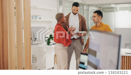 Business people, teamwork and designer discussion on creative project plan, report or agency research, feedback or ideas. Creativity, cooperation or professional team consulting on design development 138103221