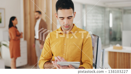 Business man, tablet and designer reading creative project plan, online report or agency research, info or company notes. Creativity, database and professional person check design development process 138103227