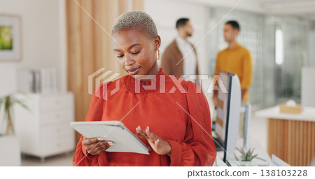 Professional black woman, tablet or designer typing, scroll and work on webdesign, app development or application research. Analysis, network connection or African person review online website design 138103228