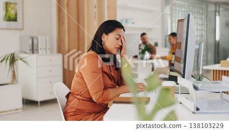 Business woman, headache and stress on computer of marketing mistake, research fatigue and website fail or error. Tired worker or employee with depression, pain or sad for company social media crisis 138103229