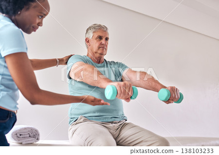 Physiotherapy, exercise and old man with dumbbell for wellness and muscle training on bed with woman in room. Healthcare, physiotherapist and senior with workout for healing help, support and fitness 138103233