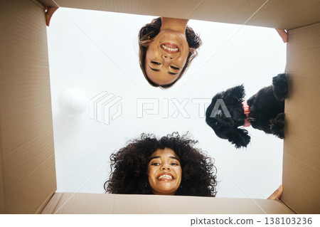 Portrait, happy and lesbian couple with dog and box for moving, unpacking or a new house from below. Love, home and lgbt women with pet and package for packing, real estate or relocation to apartment Portrait, happy and lesbian couple with dog and box for moving, unpacking or a new house from below. Love, home and lgbt women with pet and package for packing, real estate or relocation to apartment 138103236