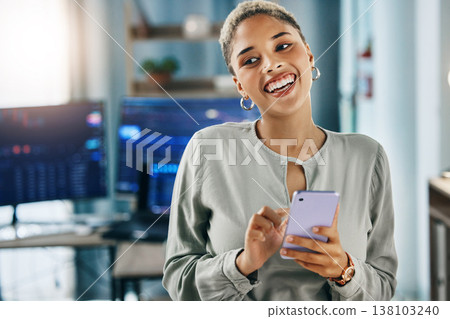 Business woman, phone and thinking of stock market investment, trading and profit, sales or data in home office. Trader or african entrepreneur on mobile app for financial ideas or happy analytics Business woman, phone and thinking of stock market investment, trading and profit, sales or data in home office. Trader or african entrepreneur on mobile app for financial ideas or happy analytics 138103240