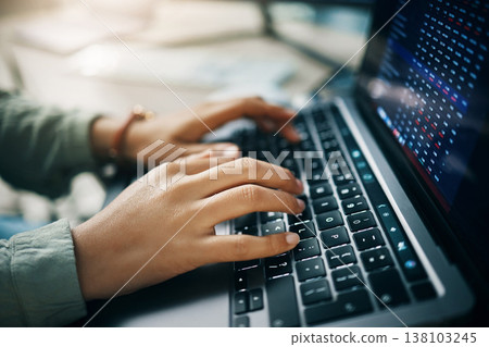 Business person, hands and laptop for stock market, trading or typing in cryptocurrency at office. Closeup of broker, trader or employee working on computer in online finance or investing on desk Business person, hands and laptop for stock market, trading or typing in cryptocurrency at office. Closeup of broker, trader or employee working on computer in online finance or investing on desk 138103245