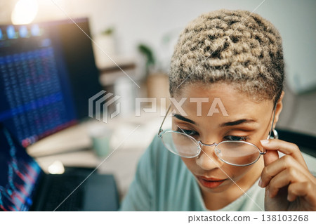 Computer glasses, stock market and business woman face reading statistics, investment data, trading analytics. Admin monitor, economy metrics and broker analysis, research and review financial trade Computer glasses, stock market and business woman face reading statistics, investment data, trading analytics. Admin monitor, economy metrics and broker analysis, research and review financial trade 138103268