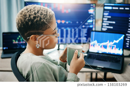 Computer screen, office and business woman thinking of stock market trading, investment and monitor economy analytics. Fintech, financial admin data and profile of trader problem solving IPO solution 138103269