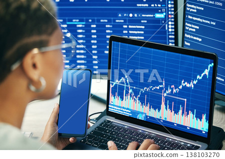 Person, phone and laptop on stock market in fintech, trading or online business finance at office. Employee, broker or financial advisor on mobile smartphone or computer for profit, app or growth Person, phone and laptop on stock market in fintech, trading or online business finance at office. Employee, broker or financial advisor on mobile smartphone or computer for profit, app or growth 138103270