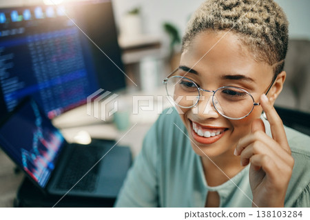Glasses, business and thinking with a happy woman in office with statistics, investment data or analytics. Stock market, online exchange and face of broker analysis, research and equity trading 138103284