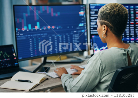 Computer screen, stock market and business person reading, typing or work on IPO equity, trade analytics or cryptocurrency. Data analysis, workplace and back of corporate broker review finance stats Computer screen, stock market and business person reading, typing or work on IPO equity, trade analytics or cryptocurrency. Data analysis, workplace and back of corporate broker review finance stats 138103285