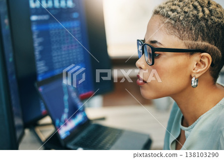 Computer, stock market and face of professional woman reading IPO equity, investment or cryptocurrency. Data analysis, administration and corporate broker, accountant or NFT investor monitor stats Computer, stock market and face of professional woman reading IPO equity, investment or cryptocurrency. Data analysis, administration and corporate broker, accountant or NFT investor monitor stats 138103290