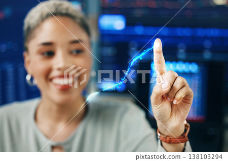 Woman with smile, finger on increase graph and hologram for financial growth, crypto and profit in office. Virtual data, touch and happy girl in cyber trading with hand on development, info and stock Woman with smile, finger on increase graph and hologram for financial growth, crypto and profit in office. Virtual data, touch and happy girl in cyber trading with hand on development, info and stock 138103294