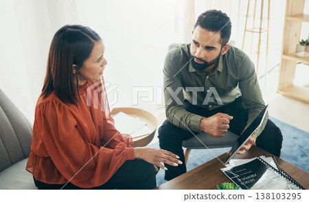 Manager, feedback on tablet for collaboration in office, review and report on strategy or proposal. Dedicated mexican businesspeople, discussion and planning for startup or documents and paperwork 138103295