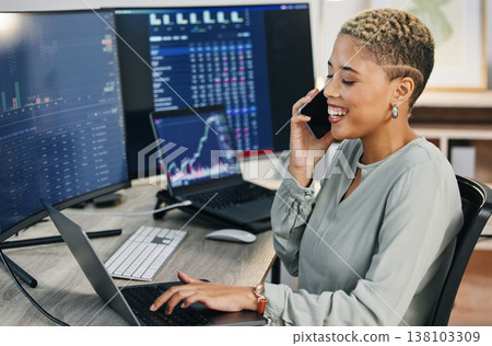 Happy woman, phone call and broker consulting in trading, cryptocurrency or online advice at office. Female person, consultant or financial advisor talking on mobile smartphone for stock market help Happy woman, phone call and broker consulting in trading, cryptocurrency or online advice at office. Female person, consultant or financial advisor talking on mobile smartphone for stock market help 138103309