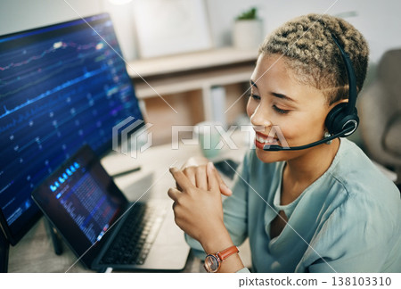 Woman, call center and stock market consulting with business and trading or investment agent on computer screen. Consultant, business trader or african person talking advice, networking and sales Woman, call center and stock market consulting with business and trading or investment agent on computer screen. Consultant, business trader or african person talking advice, networking and sales 138103310