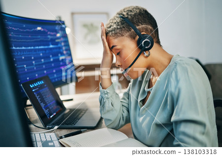 Headache, stress and woman in call center, fatigue or burnout at help desk office. Pain, migraine and tired African consultant frustrated at customer, fail telemarketing challenge or financial crisis Headache, stress and woman in call center, fatigue or burnout at help desk office. Pain, migraine and tired African consultant frustrated at customer, fail telemarketing challenge or financial crisis 138103318