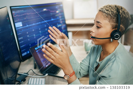 Business woman, call center and broker consulting in customer service, stock market or trading at office. Consultant, trader or agent with headphones for financial advice, online or help at workplace Business woman, call center and broker consulting in customer service, stock market or trading at office. Consultant, trader or agent with headphones for financial advice, online or help at workplace 138103319