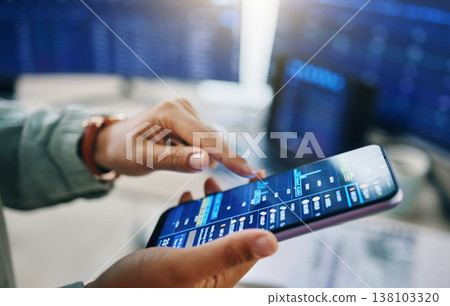 Phone screen, stock market and hands of business person trading, data analytics and profit or sales. Trader or person scroll on mobile app or chart for finance, statistics and investment balance Phone screen, stock market and hands of business person trading, data analytics and profit or sales. Trader or person scroll on mobile app or chart for finance, statistics and investment balance 138103320