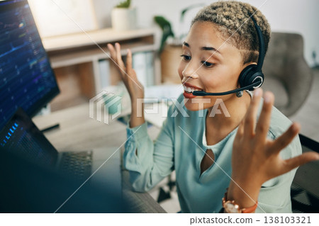 Happy woman, call center and broker consulting in customer service, stock market or trading at office. Female person, trader or agent with headphones smile for financial advice or help at workplace Happy woman, call center and broker consulting in customer service, stock market or trading at office. Female person, trader or agent with headphones smile for financial advice or help at workplace 138103321