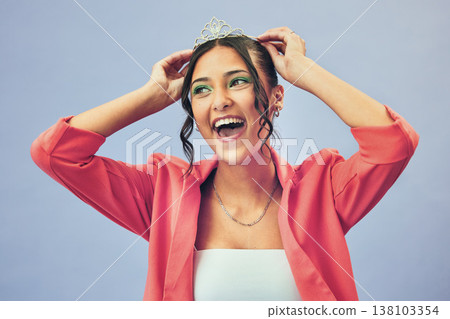 Beauty, excited and woman with crown in studio for glamour, luxury and winning prize. Fashion, wow and isolated person with tiara for princess winner, pageant and cosmetics on purple background Beauty, excited and woman with crown in studio for glamour, luxury and winning prize. Fashion, wow and isolated person with tiara for princess winner, pageant and cosmetics on purple background 138103354