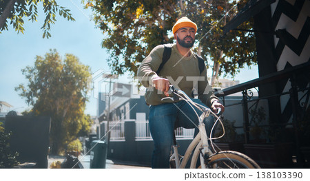 Bicycle, travel and man in city for journey, adventure and commute for weekend, holiday or vacation. Fashion, style and person on bike for eco friendly transport, carbon footprint and cycling in road 138103390