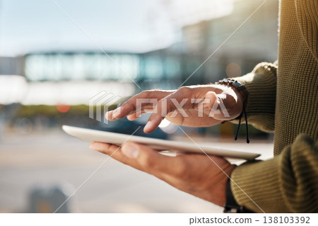 Hands, student and tablet for outdoor networking, e learning research and software for university schedule. Person typing on digital technology for online education, college information and city 138103392