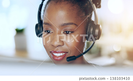 African woman, call center and talk for contact us, microphone and voip tech for telemarketing sales. Consultant, thinking and customer service agent with reading, headphones and advice at help desk 138103410
