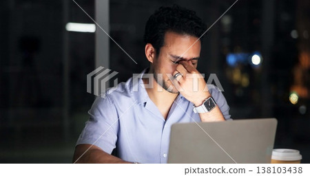 Night, creative agency and man with headache, laptop for article rejection and fatigue. Person, late and journalist in office, migraine and pc for website error, burnout and exhausted for brain fog 138103438