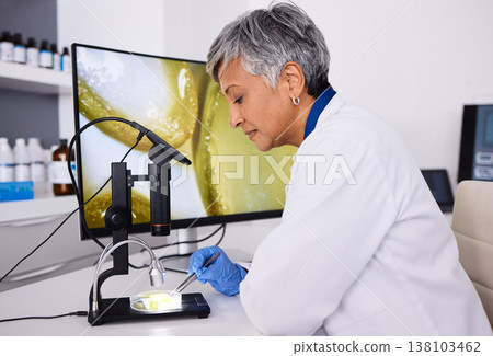Microscope, screen or scientist with plant for research, lab test or innovation for agriculture study. Science, mature or expert with aloe vera leaf for natural herbal medicine, pharma or education Microscope, screen or scientist with plant for research, lab test or innovation for agriculture study. Science, mature or expert with aloe vera leaf for natural herbal medicine, pharma or education 138103462