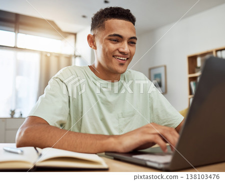 Home, computer and man in college with elearning, remote work and online studying in apartment, living room or house. University, education and working on internet, webinar or video conference class Home, computer and man in college with elearning, remote work and online studying in apartment, living room or house. University, education and working on internet, webinar or video conference class 138103476