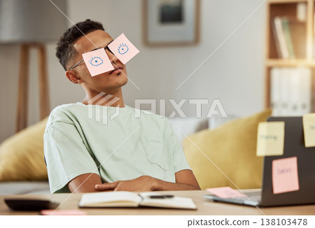 Education, sticky notes and a man student sleeping at his desk in the bedroom while learning for school. Burnout, tired and exhausted with a young university or college pupil asleep in his home Education, sticky notes and a man student sleeping at his desk in the bedroom while learning for school. Burnout, tired and exhausted with a young university or college pupil asleep in his home 138103478