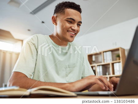 Man, student and typing at laptop with education and notes, writing report for university and happy studying at home. Online, productivity and knowledge, academic growth and development for college Man, student and typing at laptop with education and notes, writing report for university and happy studying at home. Online, productivity and knowledge, academic growth and development for college 138103486