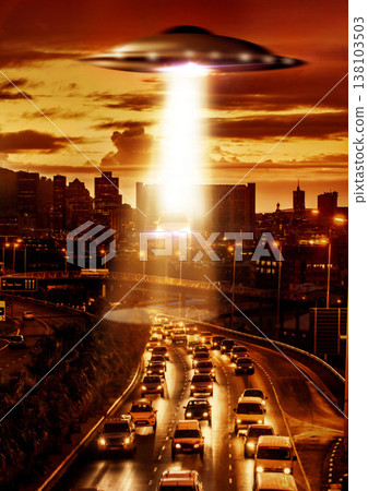 UFO, alien spaceship and city in street, traffic and tractor beam for search, transport and Cape Town. UAP ship, flying saucer and lights in dark cityscape, metro and cbd for survey, flight or cars UFO, alien spaceship and city in street, traffic and tractor beam for search, transport and Cape Town. UAP ship, flying saucer and lights in dark cityscape, metro and cbd for survey, flight or cars 138103503
