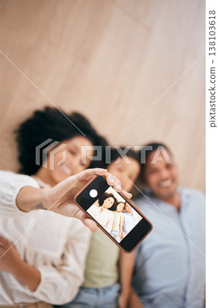 Phone, selfie and happy family in home, top view and bonding together. Smartphone screen, photography and parents, child and smile in portrait, taking profile picture for social media or mockup space 138103618