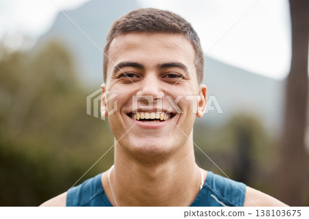 Fitness, nature and portrait of man athlete ready for running for race, marathon or competition training. Sports, mountain and headshot of young male runner for an outdoor cardio exercise or workout. 138103675