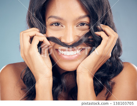Curly hair, mustache or portrait of happy woman in studio for wellness, treatment or comedy joke. Haircare, grey background or face of model with funny pose for natural beauty, texture or keratin Curly hair, mustache or portrait of happy woman in studio for wellness, treatment or comedy joke. Haircare, grey background or face of model with funny pose for natural beauty, texture or keratin 138103705