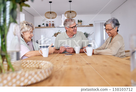 Playing cards, bonding and senior friends with coffee to relax in retirement with a game in a home. Talking, together and a senior man with women or people at a table for fun, break or happiness Playing cards, bonding and senior friends with coffee to relax in retirement with a game in a home. Talking, together and a senior man with women or people at a table for fun, break or happiness 138103712