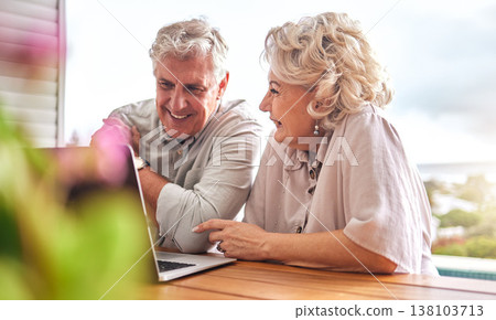 Happy, email and senior couple with a laptop for communication, home budget or ecommerce. Online banking, love and an elderly man and woman with a computer for planning retirement or working on tech Happy, email and senior couple with a laptop for communication, home budget or ecommerce. Online banking, love and an elderly man and woman with a computer for planning retirement or working on tech 138103713