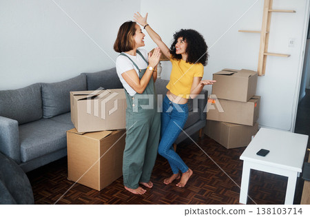 Homeowner, lesbian and celebration with couple, boxes and excited with happiness, achievement and property. Queer people, happy girls and women with cardboard, real estate and relationship with goals Homeowner, lesbian and celebration with couple, boxes and excited with happiness, achievement and property. Queer people, happy girls and women with cardboard, real estate and relationship with goals 138103714