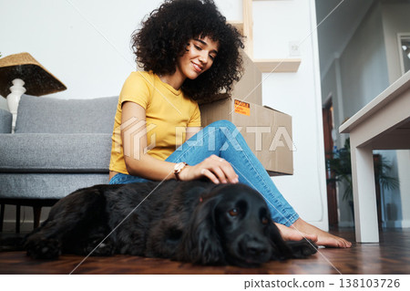 Moving, new home and woman on the floor with dog in property, flat or living room, loan or housing. Mortgage, investment and female with real estate, smile and satisfied with pet friendly apartment Moving, new home and woman on the floor with dog in property, flat or living room, loan or housing. Mortgage, investment and female with real estate, smile and satisfied with pet friendly apartment 138103726