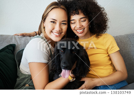 Dog, portrait or happy lesbian couple in home to relax together in healthy relationship or love connection. Lgbtq, pet care or proud gay women smile with an animal to hug or bond on living room sofa 138103749
