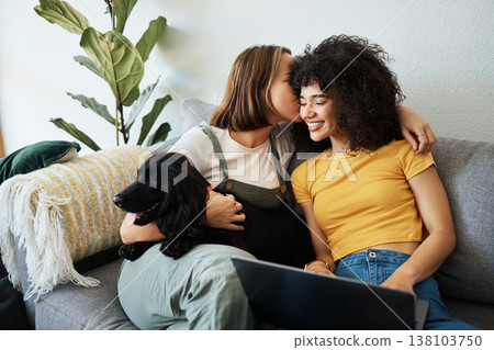 Dog, laptop or gay couple kiss on sofa to relax together in healthy relationship love connection. Whisper, home or happy lesbian women with a pet animal to bond on living room couch for remote work 138103750