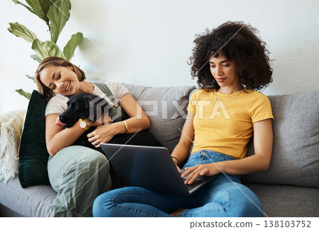 Dog, laptop or lesbian couple in home to relax together in healthy relationship or love connection. Lgbtq, online or gay women with a pet animal to hug or bond on living room sofa for remote work 138103752