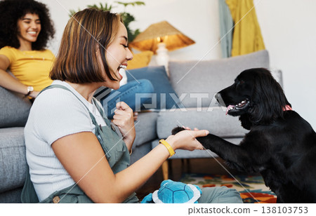 Play, gay or happy couple with dog in house living room on floor to relax with paw trick, loyalty or love. Teaching, learning or woman playing with an animal with care, support or joy on mat at home Play, gay or happy couple with dog in house living room on floor to relax with paw trick, loyalty or love. Teaching, learning or woman playing with an animal with care, support or joy on mat at home 138103753