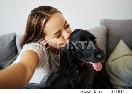 Kiss, selfie and woman with dog on home sofa to relax, love and play with animal. Pet owner, care and influencer person with companion, trust and friendship or social media profile picture and memory Kiss, selfie and woman with dog on home sofa to relax, love and play with animal. Pet owner, care and influencer person with companion, trust and friendship or social media profile picture and memory 138103754
